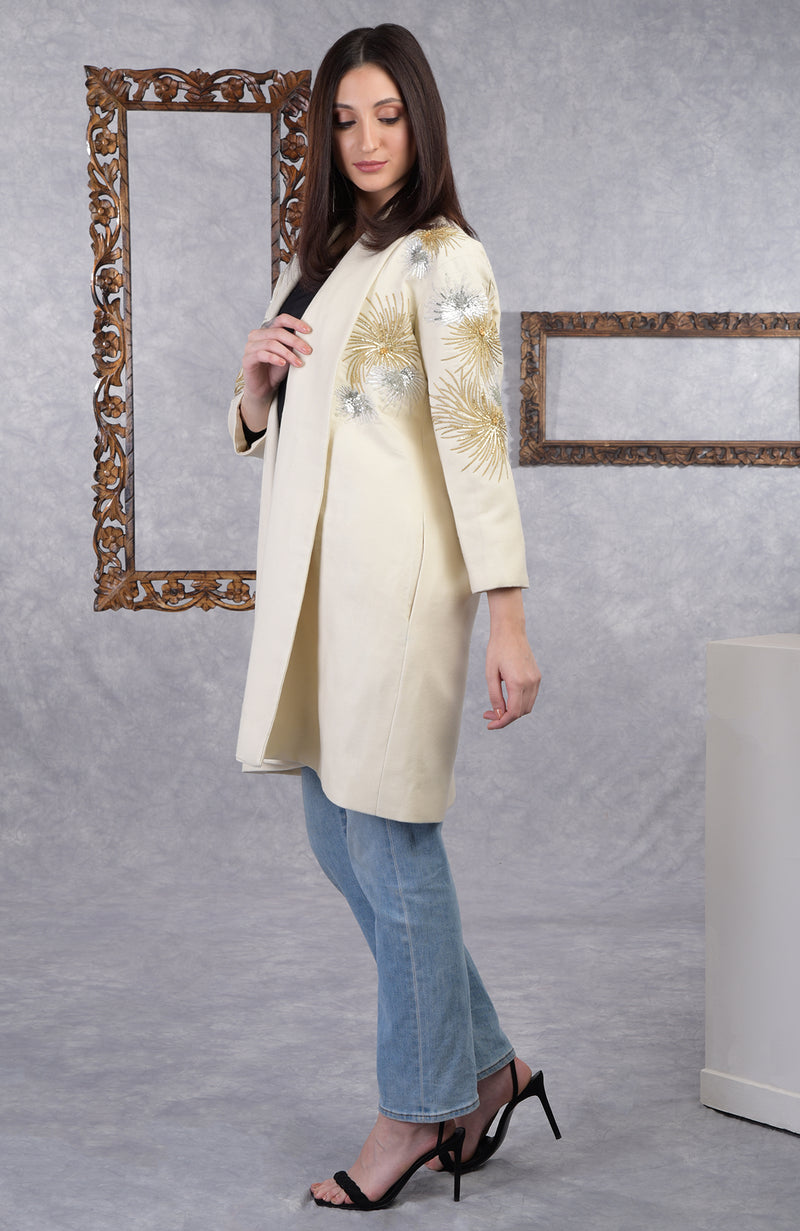 Frida Ivory Starburst Embroidered Pure Wool Crepe Jacket