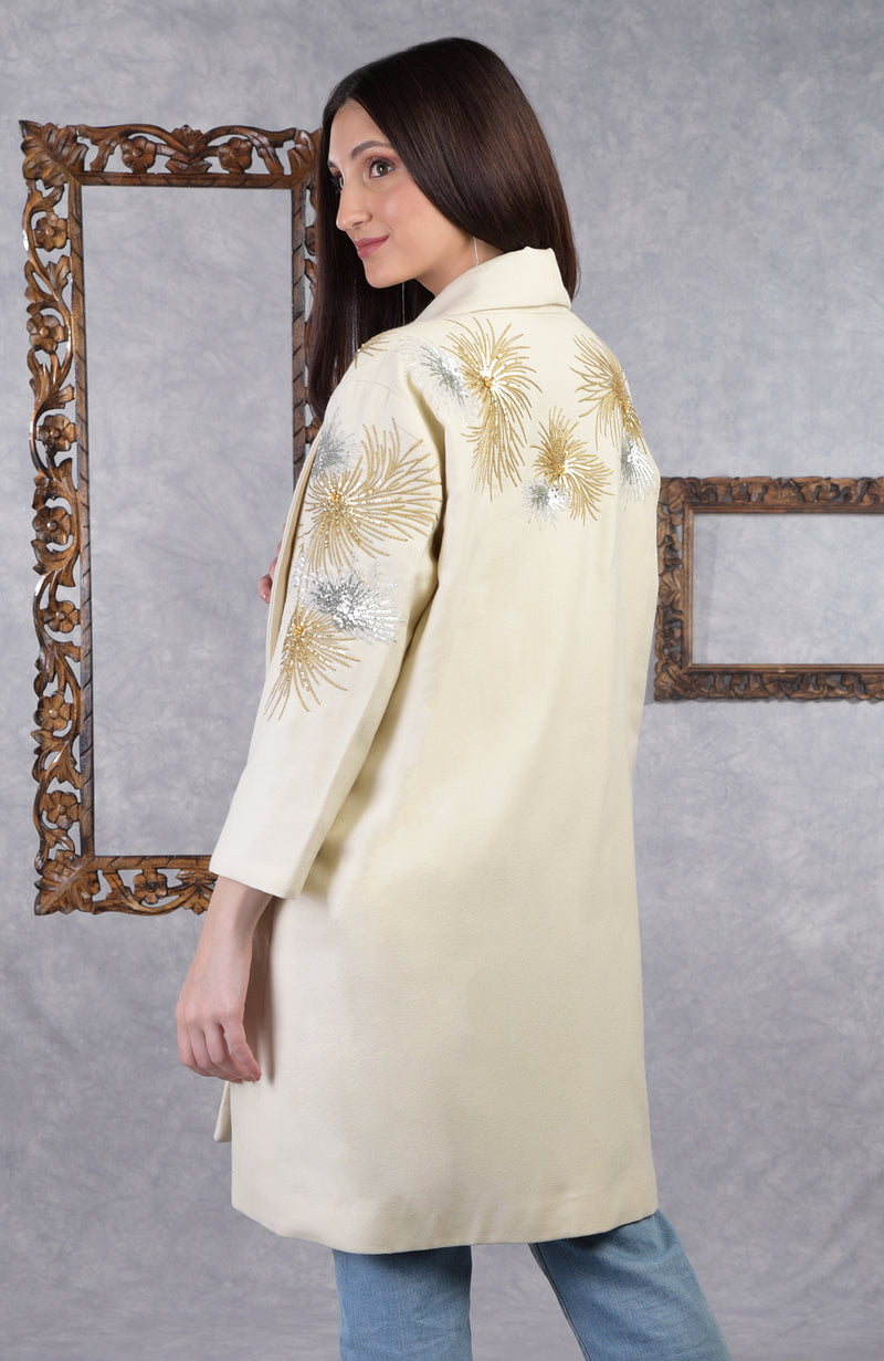 Frida Ivory Starburst Embroidered Pure Wool Crepe Jacket