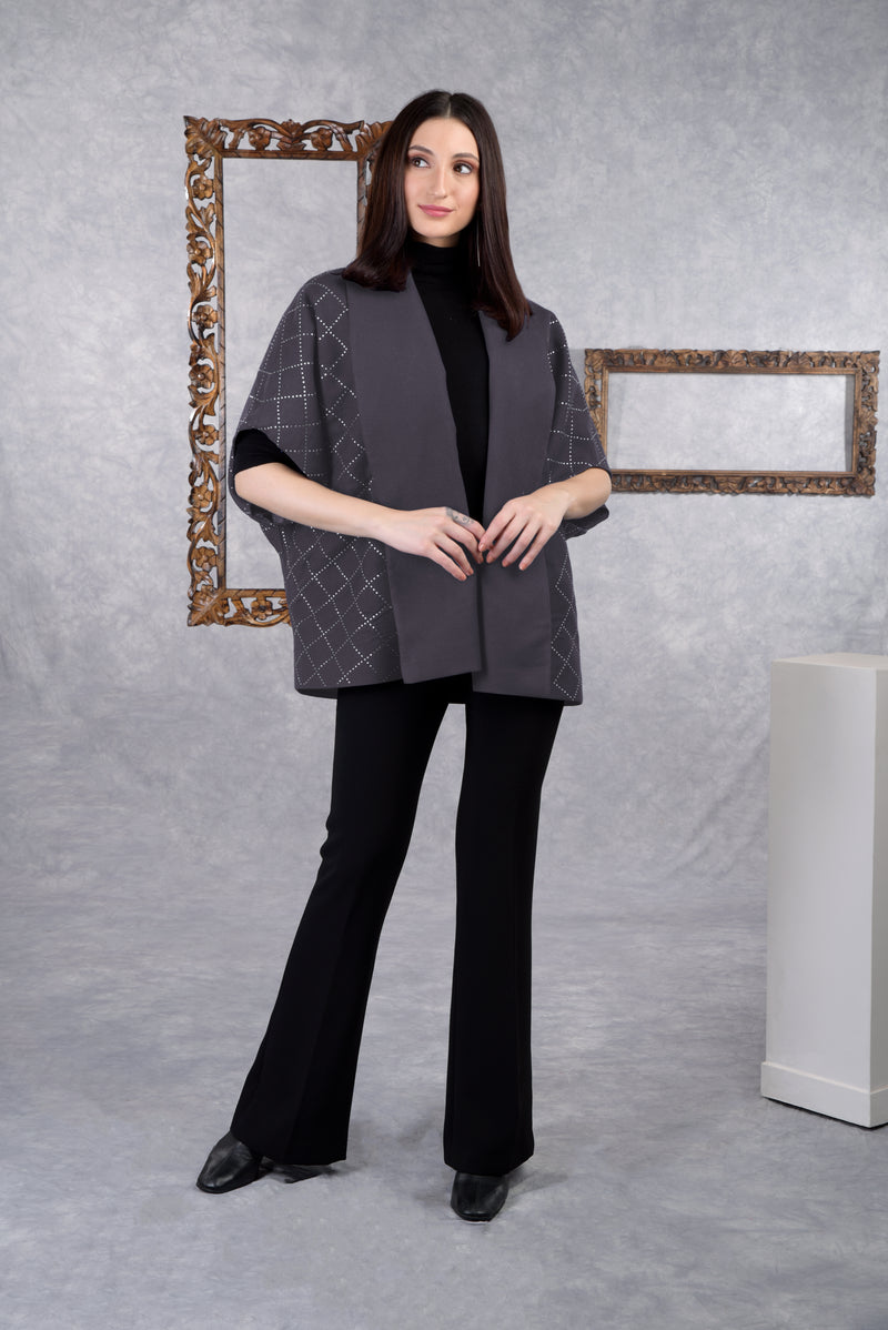 Ira Navy Checkered Swarovski Pure Wool Crepe Jacket