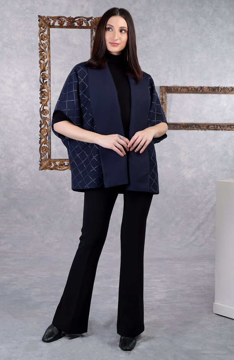 Ira Navy Checkered Swarovski Pure Wool Crepe Jacket