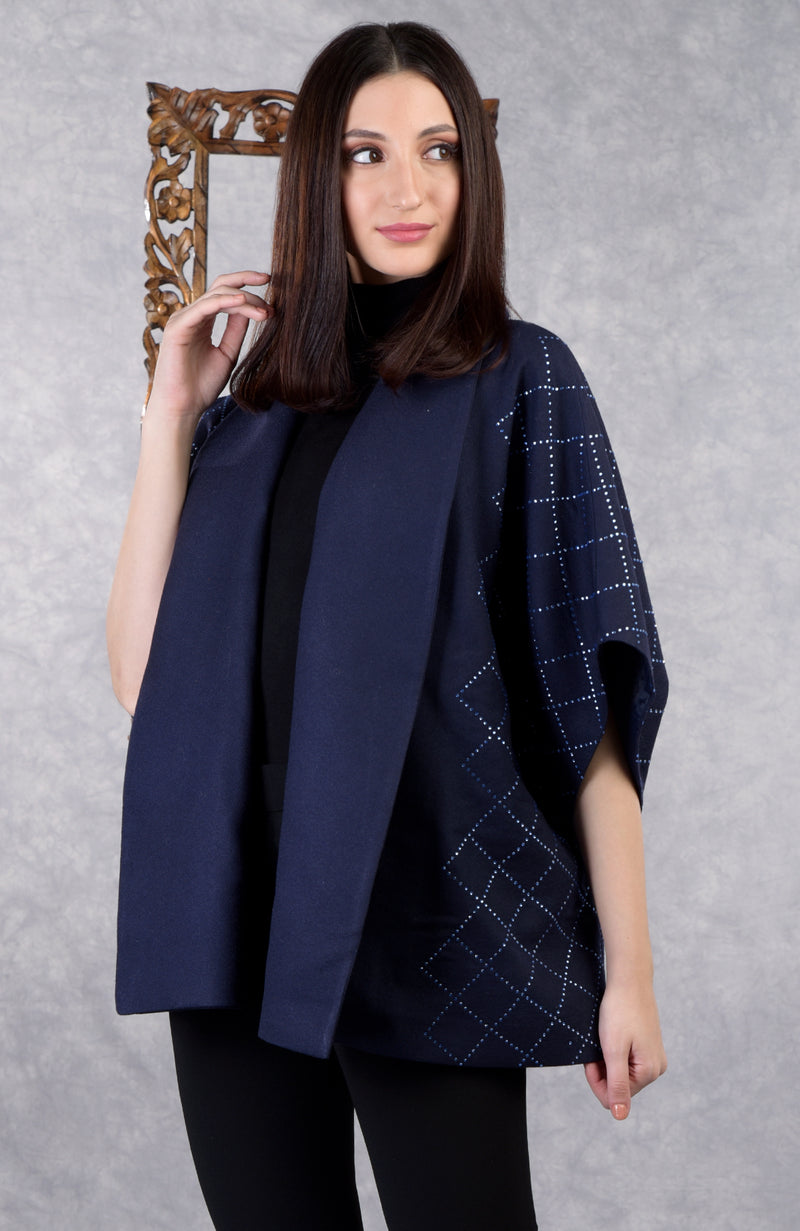 Ira Navy Checkered Swarovski Pure Wool Crepe Jacket