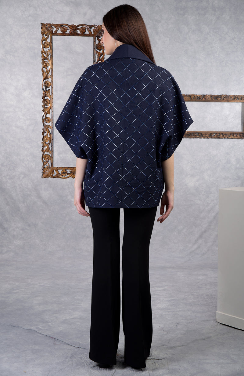 Ira Navy Checkered Swarovski Pure Wool Crepe Jacket