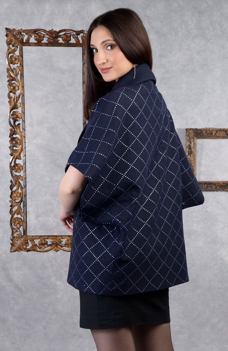 Ira Navy Checkered Swarovski Pure Wool Crepe Jacket