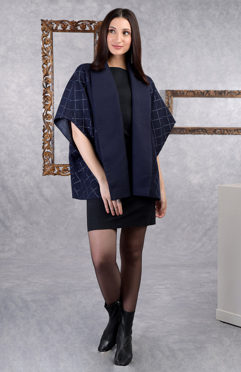 Ira Navy Checkered Swarovski Pure Wool Crepe Jacket
