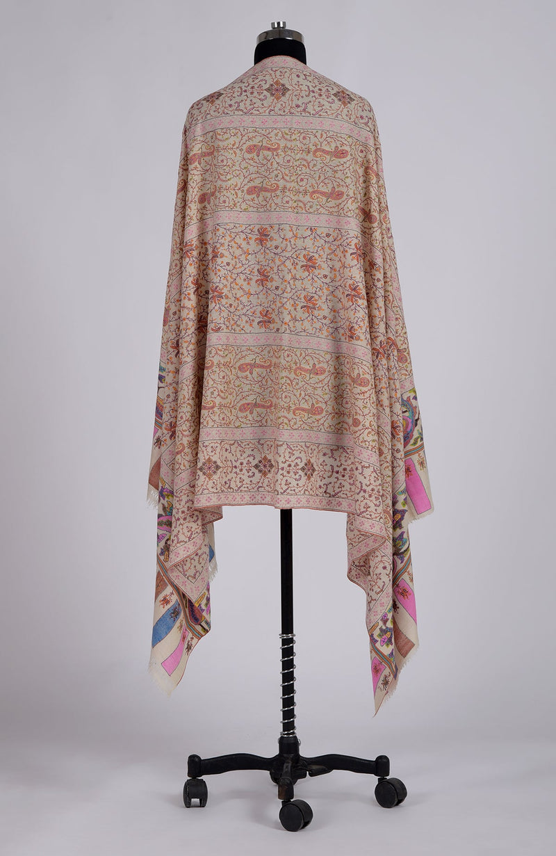 Pashmina White Kani Pallav And Sozni Hand Embroidered Pure Pashmina Shawl