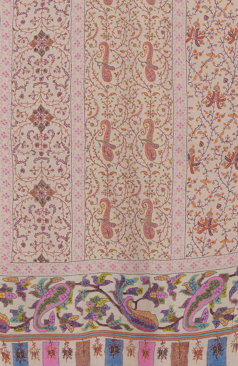 Pashmina White Kani Pallav And Sozni Hand Embroidered Pure Pashmina Shawl