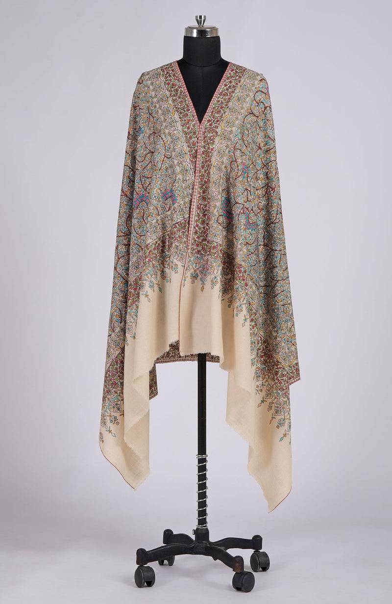 Pashmina White Sozni Hand Embroidered Pure Pashmina Shawl