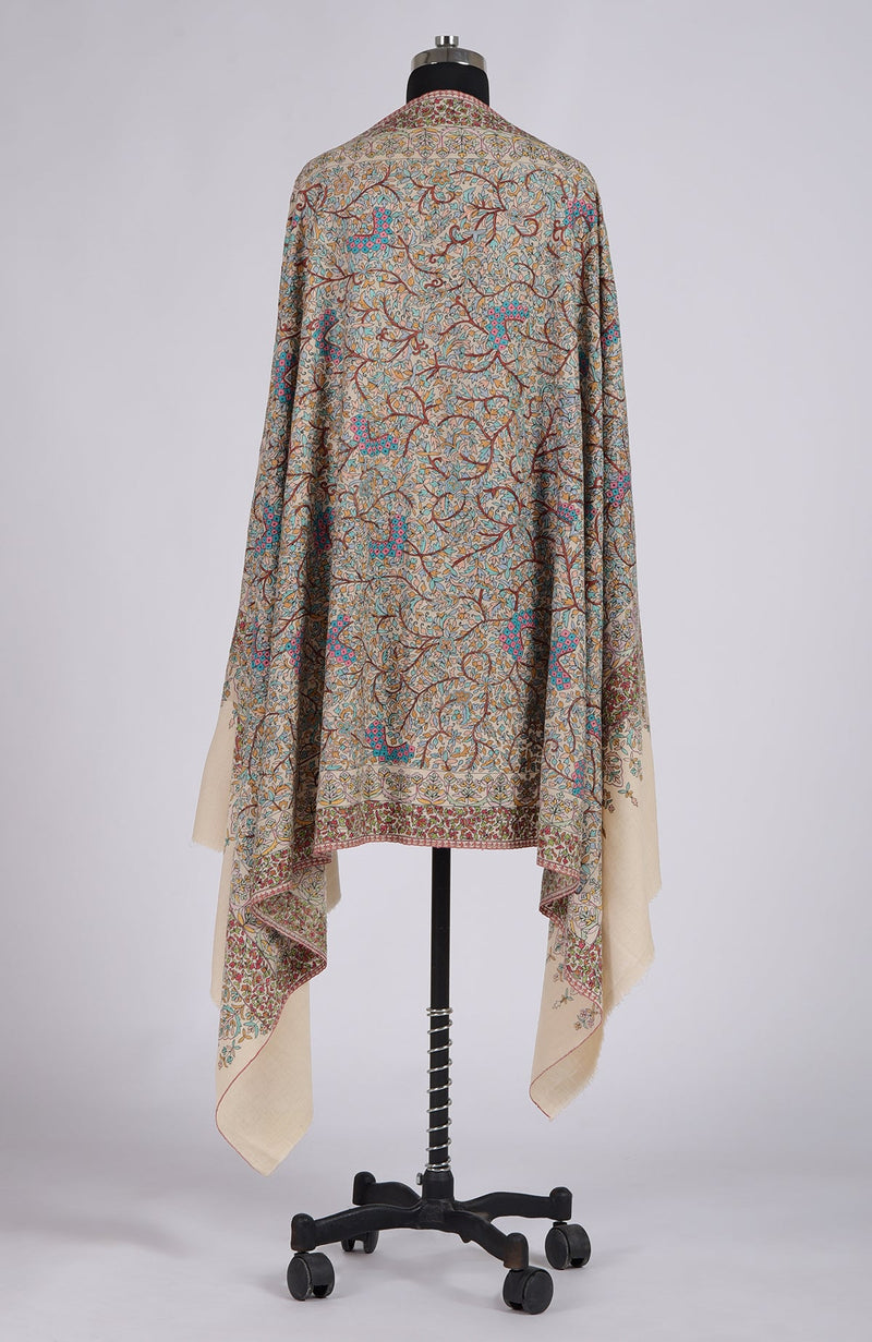 Pashmina White Sozni Hand Embroidered Pure Pashmina Shawl