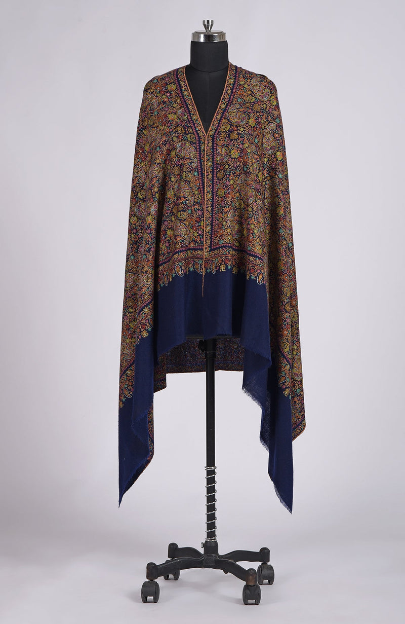 Navy Blue Sozni Jamawar Hand Embroidered Pure Pashmina Shawl