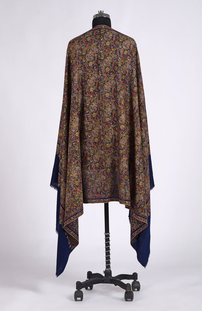 Navy Blue Sozni Jamawar Hand Embroidered Pure Pashmina Shawl