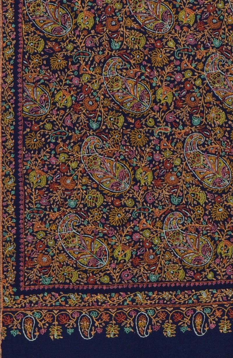 Navy Blue Sozni Jamawar Hand Embroidered Pure Pashmina Shawl