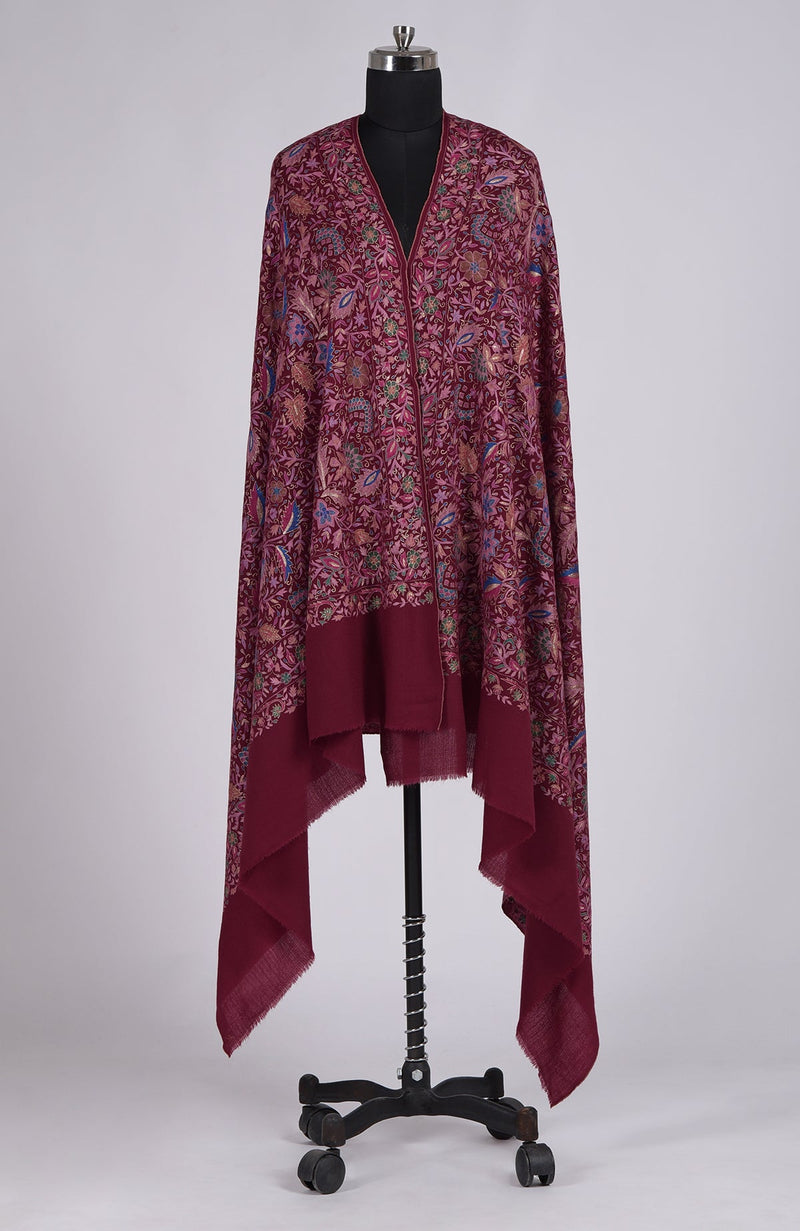 Maroon Sozni Jamawar Hand Embroidered Pure Pashmina Shawl