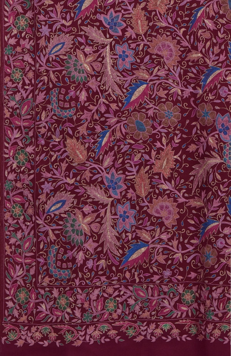 Maroon Sozni Jamawar Hand Embroidered Pure Pashmina Shawl