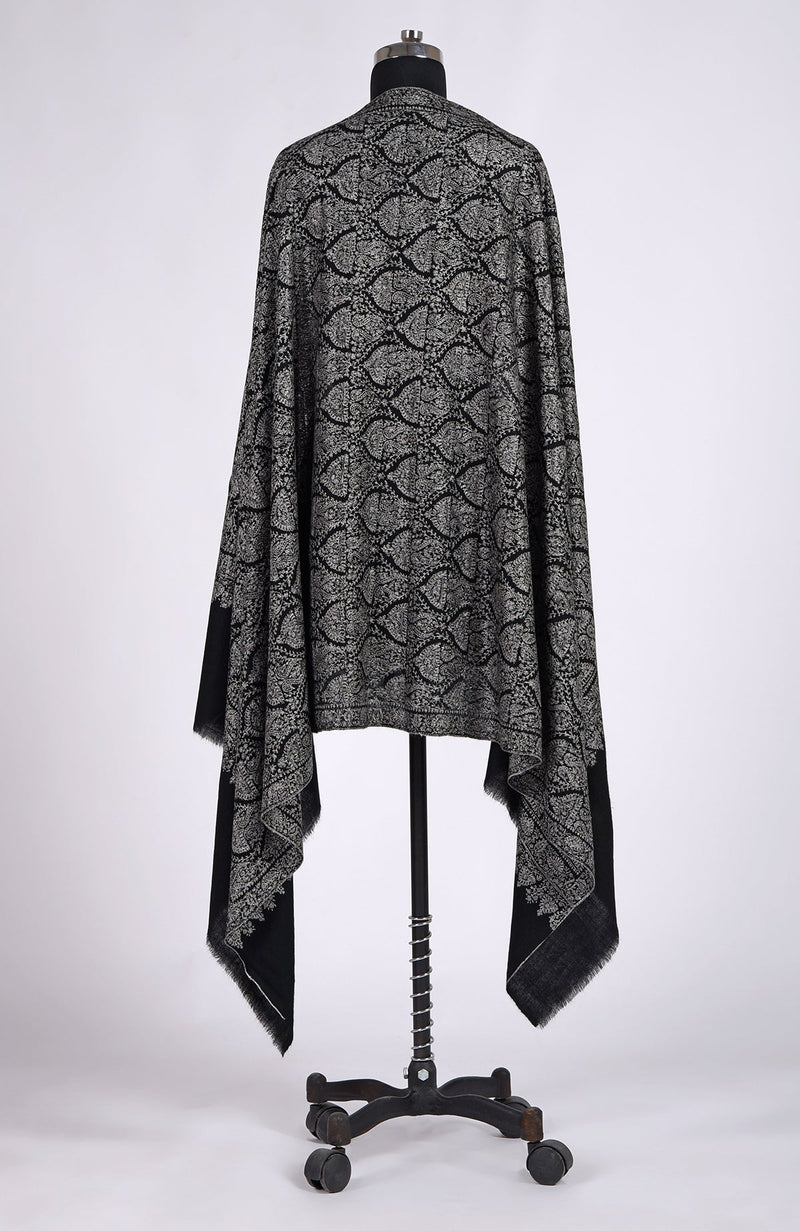Black Sozni Jamawar Hand Embroidered Pure Pashmina Shawl