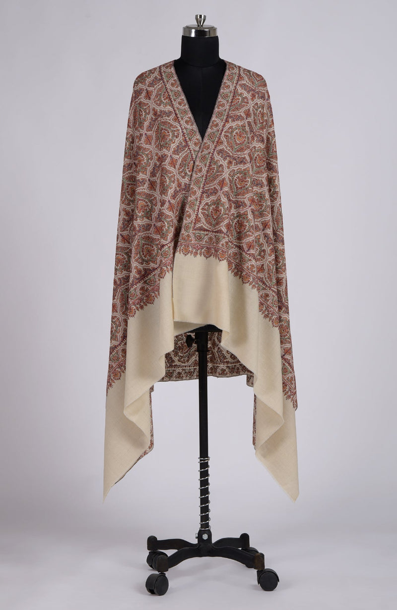 Off-White Sozni Jamawar Hand Embroidered Pure Pashmina Shawl