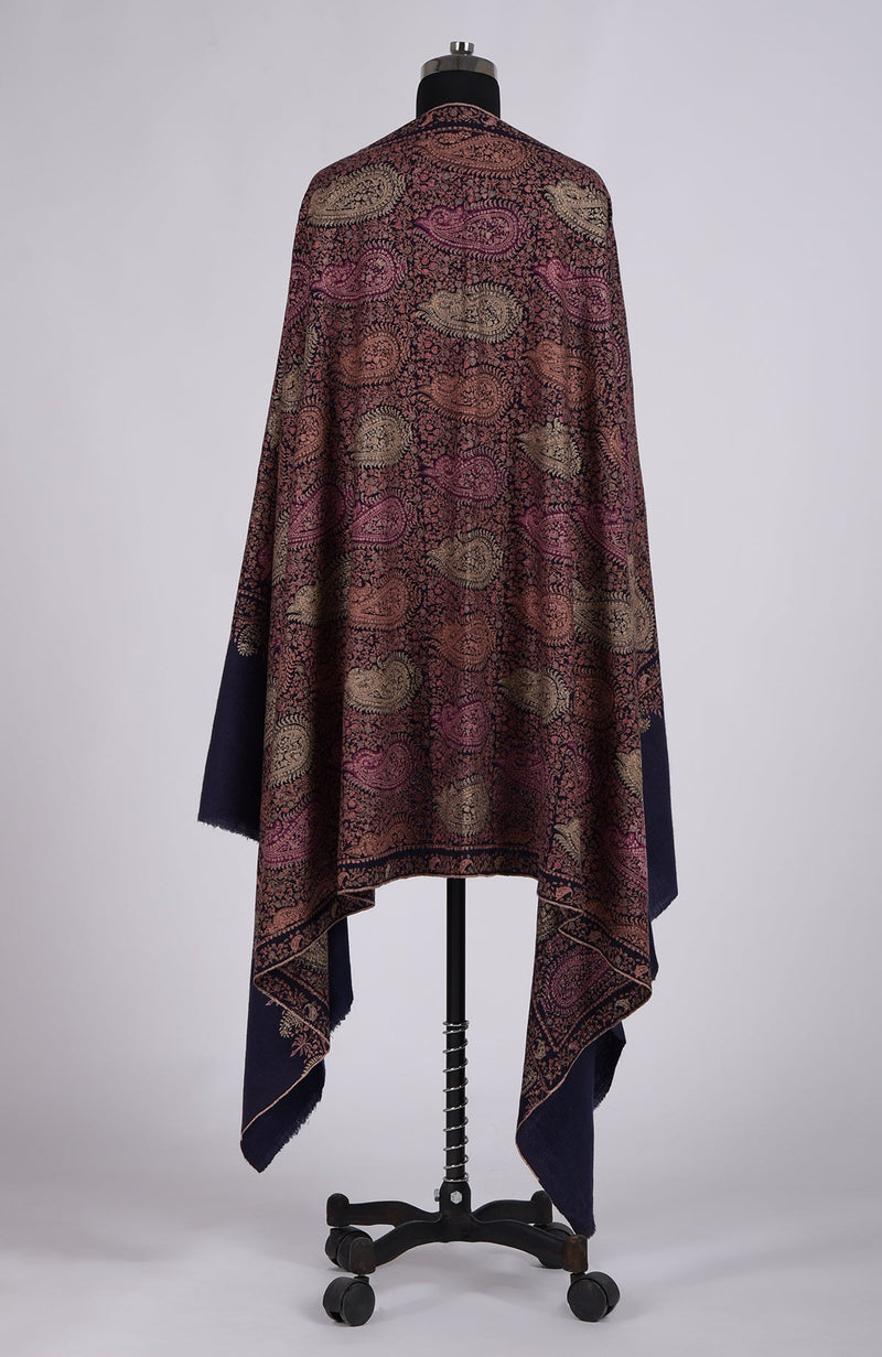 Dark Blue Masterpiece Sozni Jamawar Hand Embroidered Pure Pashmina Shawl