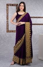 Teal-Gold Kashmiri Tilla Aari Embroidered Crepe Saree