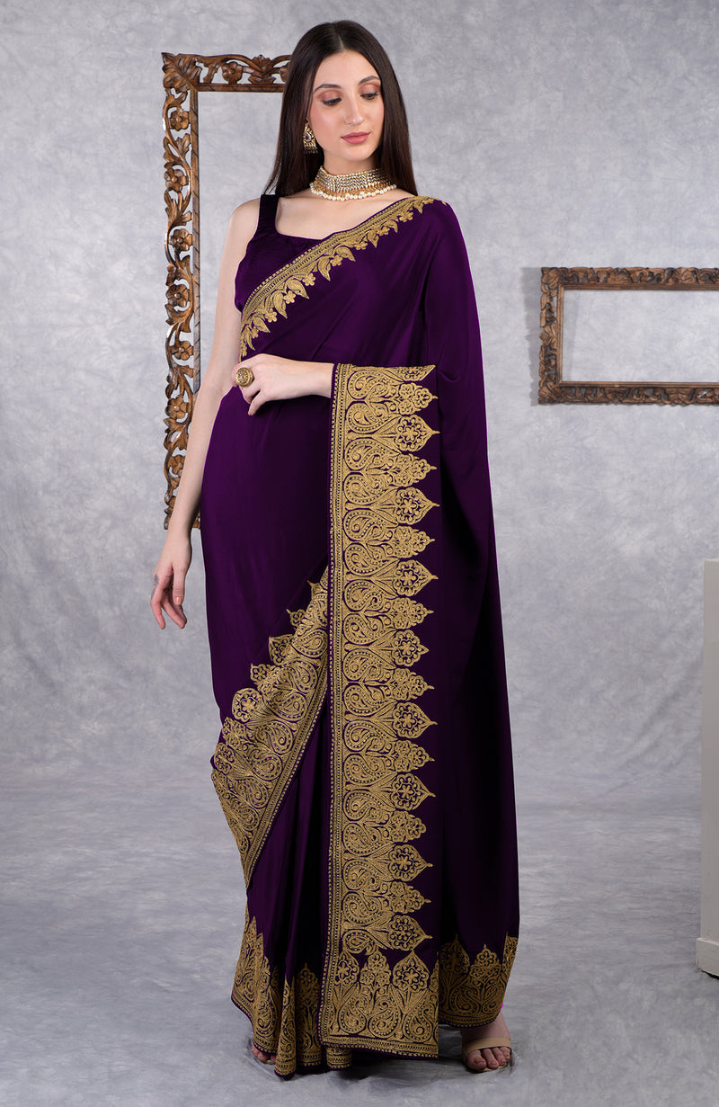 Dark Plum-Gold Kashmiri Tilla Aari Embroidered Crepe Saree