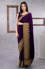 Dark Plum-Gold Kashmiri Tilla Aari Embroidered Crepe Saree