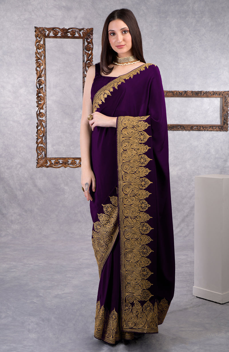 Dark Plum-Gold Kashmiri Tilla Aari Embroidered Crepe Saree