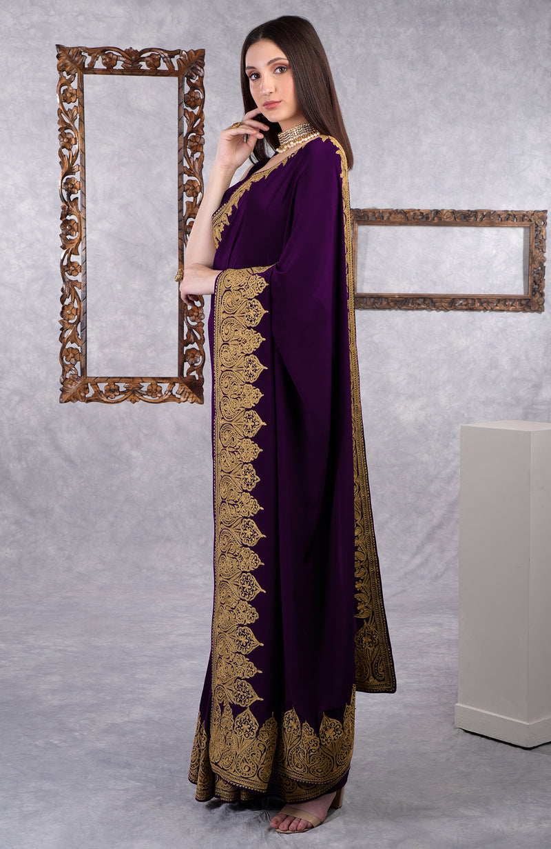 Dark Plum-Gold Kashmiri Tilla Aari Embroidered Crepe Saree