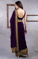 Dark Plum-Gold Kashmiri Tilla Aari Embroidered Crepe Saree