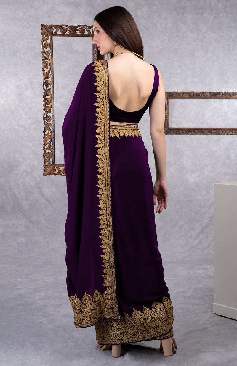 Dark Plum-Gold Kashmiri Tilla Aari Embroidered Crepe Saree