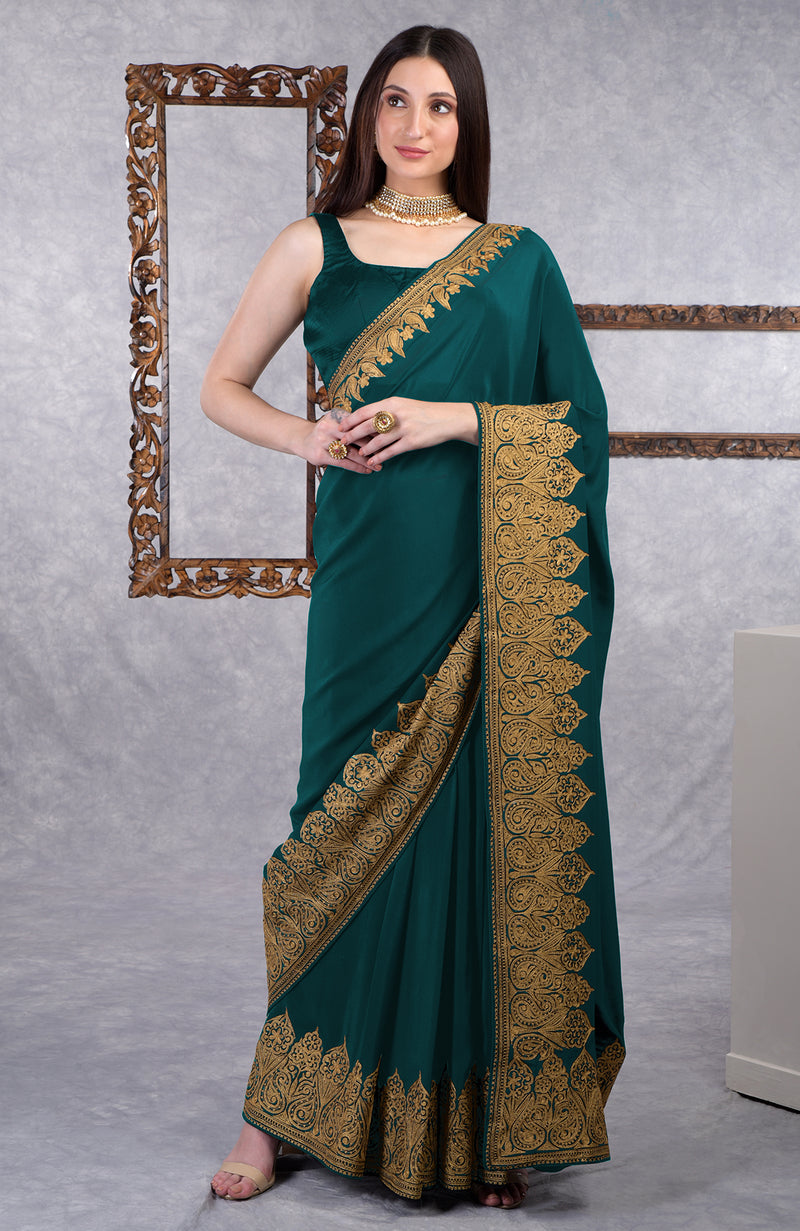 Dark Plum-Gold Kashmiri Tilla Aari Embroidered Crepe Saree