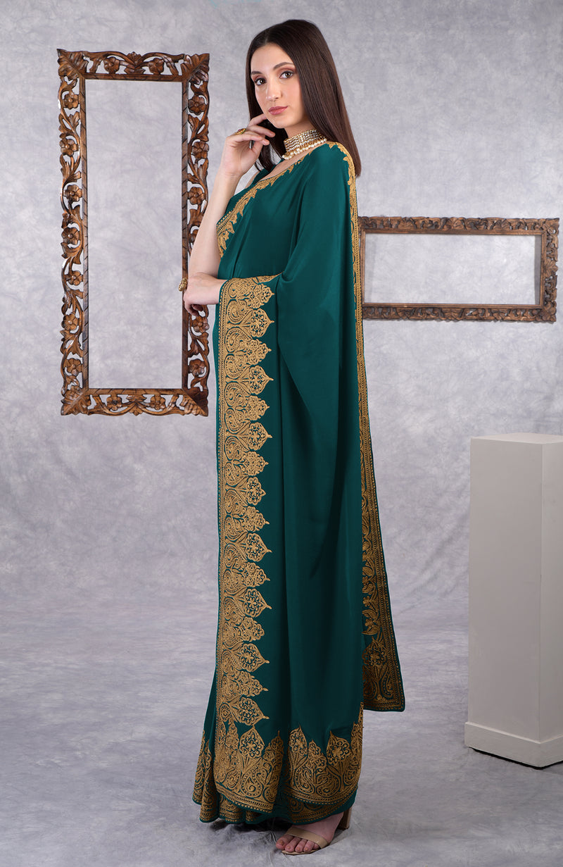 Teal-Gold Kashmiri Tilla Aari Embroidered Crepe Saree