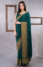 Teal-Gold Kashmiri Tilla Aari Embroidered Crepe Saree