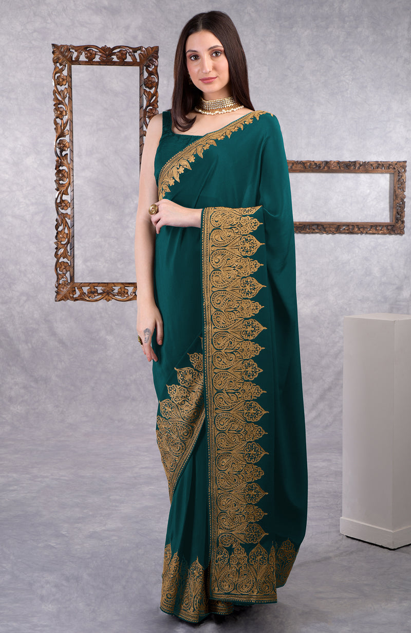 Teal-Gold Kashmiri Tilla Aari Embroidered Crepe Saree