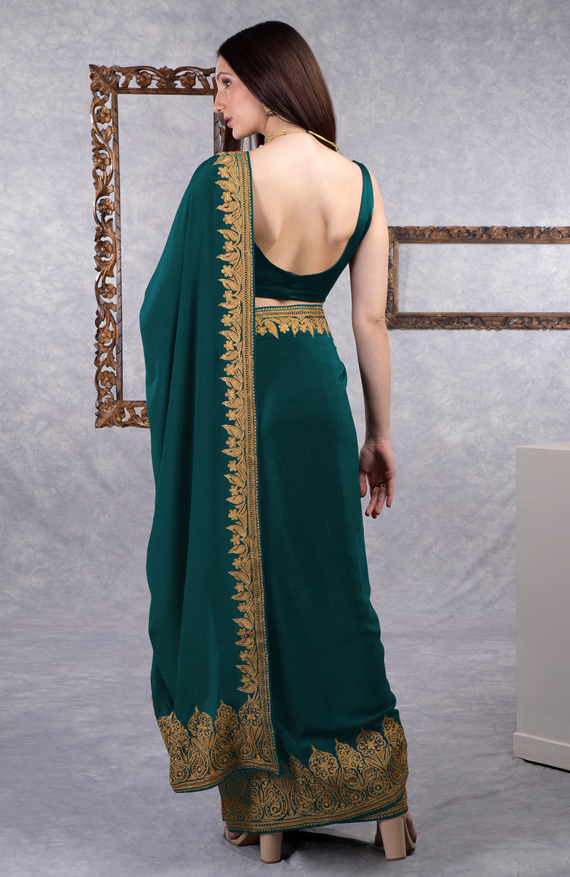 Teal-Gold Kashmiri Tilla Aari Embroidered Crepe Saree