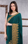 Teal-Gold Kashmiri Tilla Aari Embroidered Crepe Saree