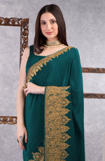 Teal-Gold Kashmiri Tilla Aari Embroidered Crepe Saree