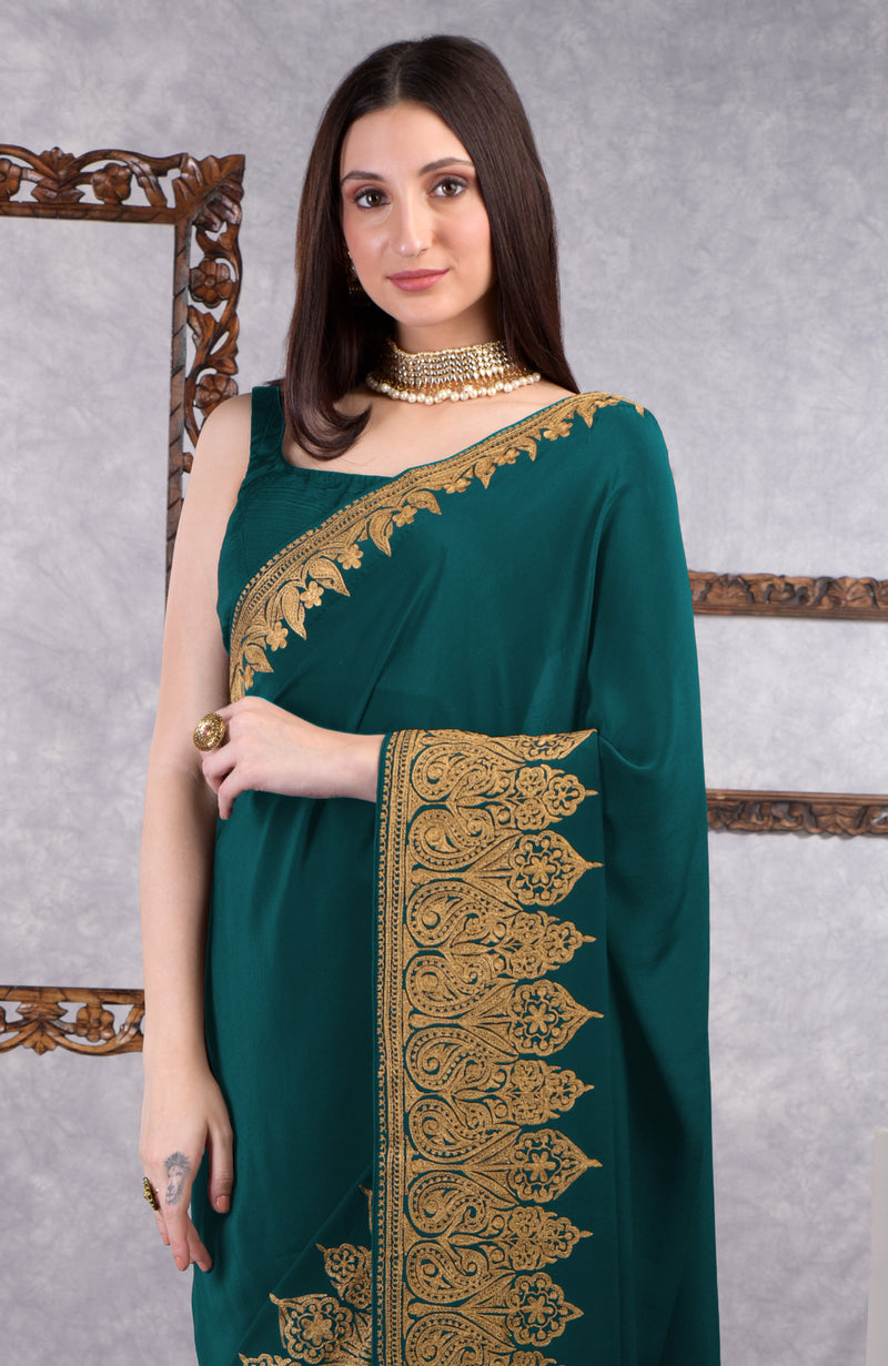Teal-Gold Kashmiri Tilla Aari Embroidered Crepe Saree