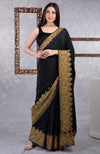 Teal-Gold Kashmiri Tilla Aari Embroidered Crepe Saree