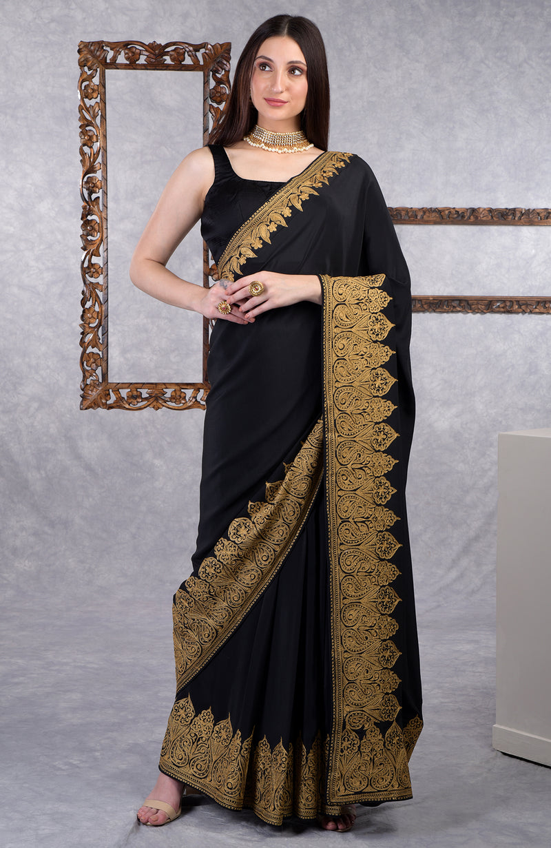 Teal-Gold Kashmiri Tilla Aari Embroidered Crepe Saree