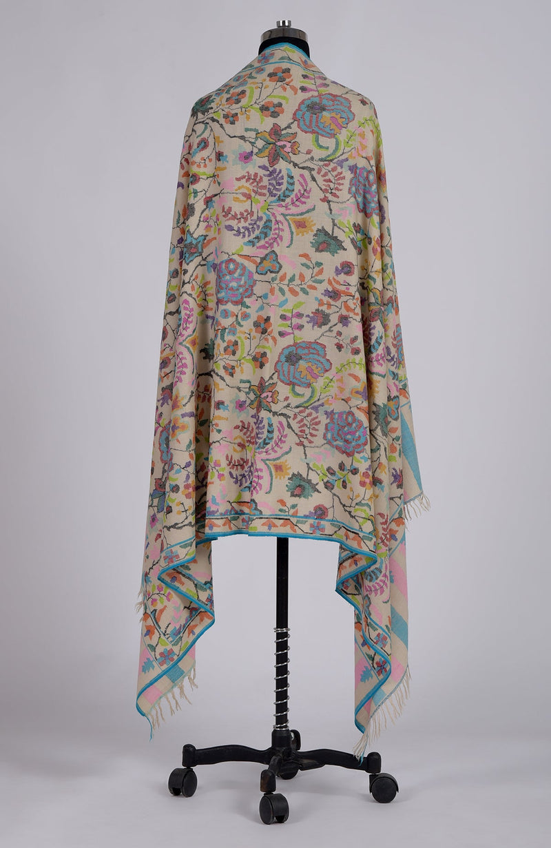 Pashmina White Kani Weave Handcrafted Jamawar Pure Pashmina Shawl