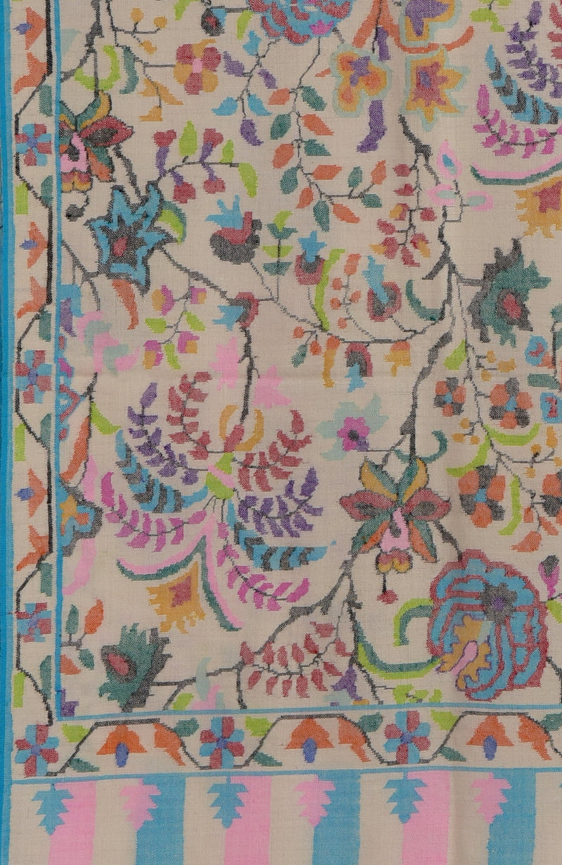 Pashmina White Kani Weave Handcrafted Jamawar Pure Pashmina Shawl