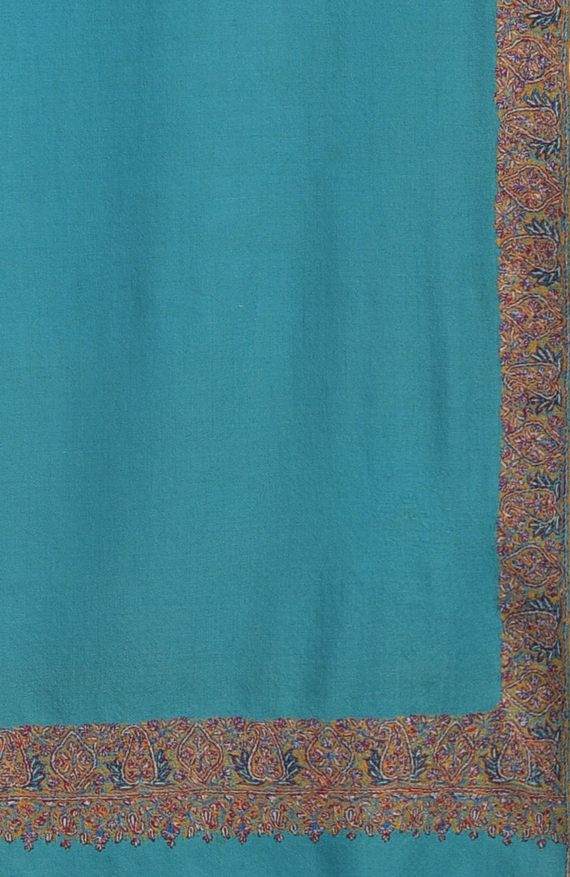 Turquoise Sozni Hand Embroidered Pure Pashmina Shawl