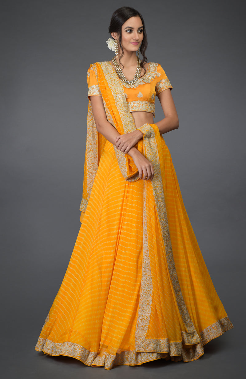 Yellow Leheriya Tilla Embroidered Lehenga Set