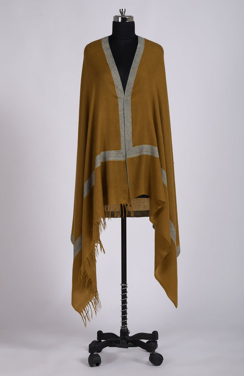 Dark Gold Sozni Hand Embroidered Pure Pashmina Shawl