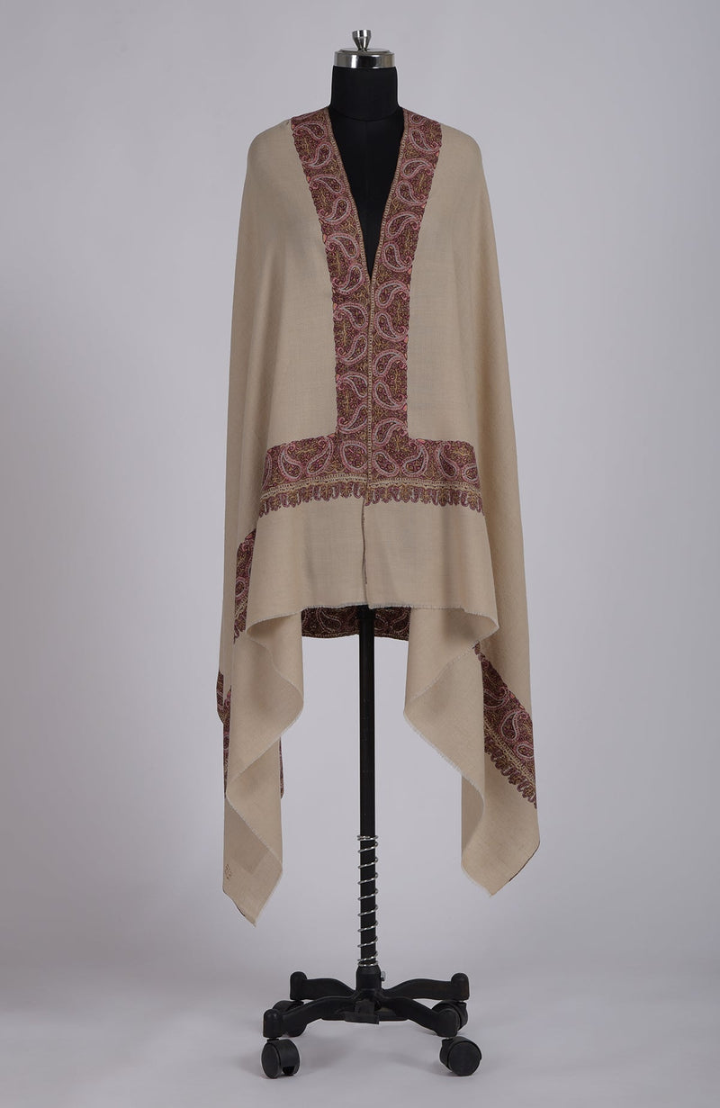 Light Beige Sozni Hand Embroidered Pure Pashmina Shawl