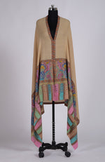 Beige Kalamkari and Sozni Hand Embroidered Pure Pashmina Shawl