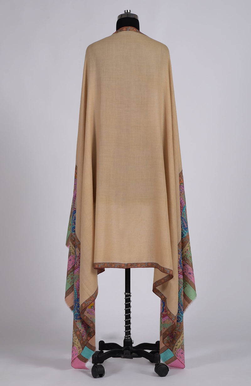 Beige Kalamkari and Sozni Hand Embroidered Pure Pashmina Shawl