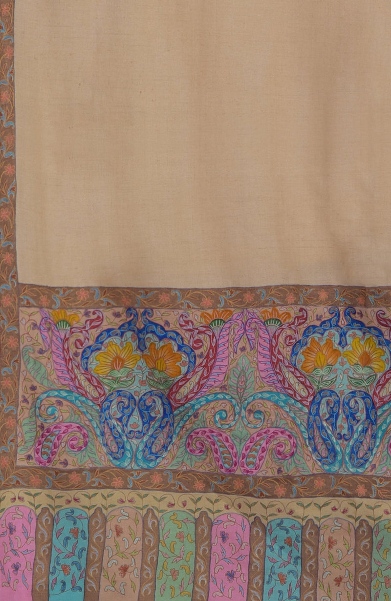 Beige Kalamkari and Sozni Hand Embroidered Pure Pashmina Shawl