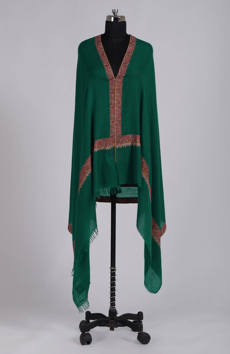 Emerald Green Sozni Hand Embroidered Pure Pashmina Shawl