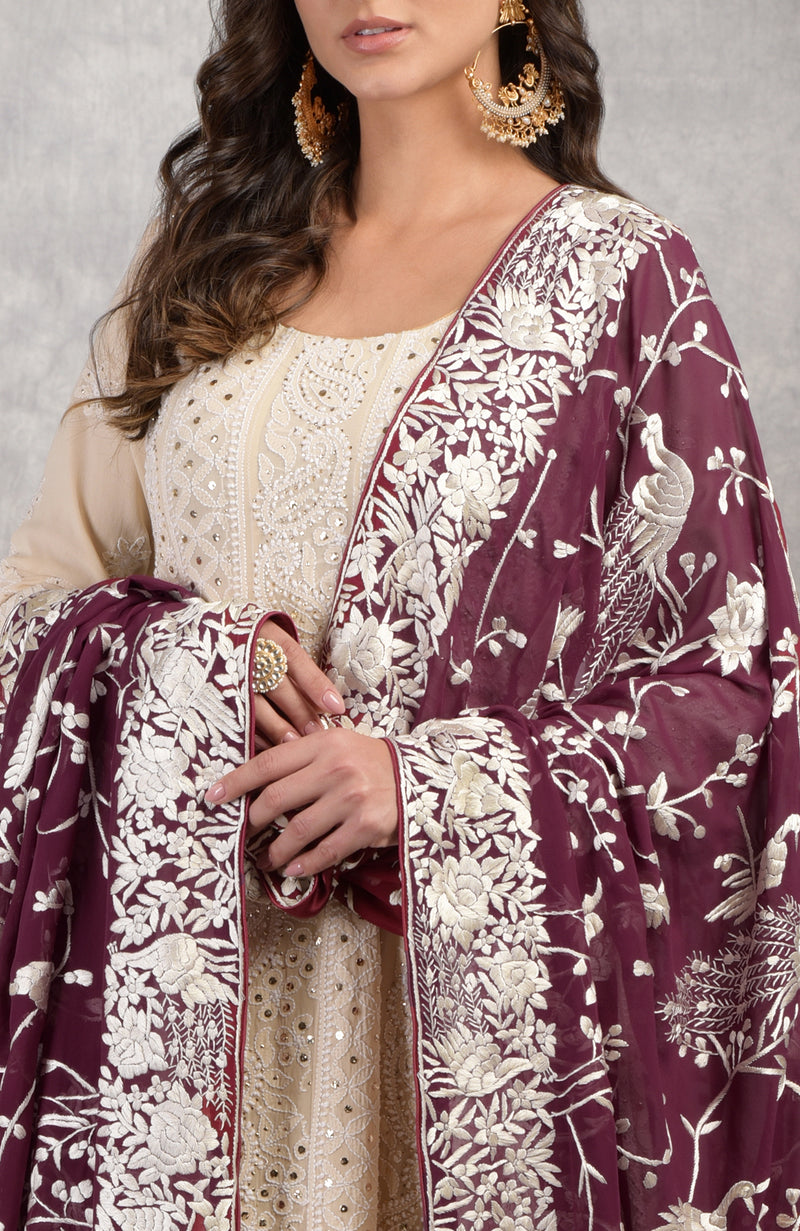 Wine Parsi Gara Hand Embroidered Dupatta With Chikankari Anarkali