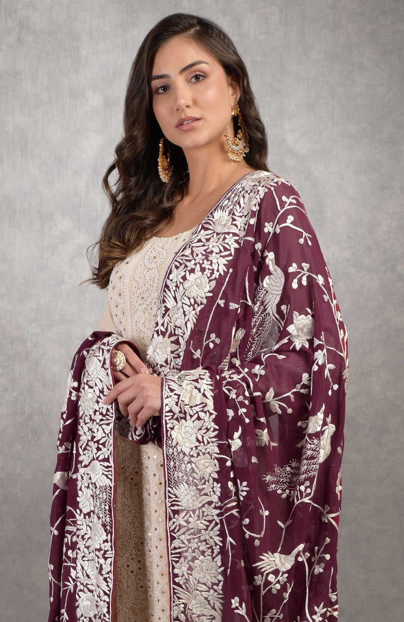 Wine Parsi Gara Hand Embroidered Dupatta With Chikankari Anarkali