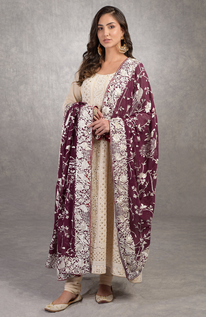 Wine Parsi Gara Hand Embroidered Dupatta With Chikankari Anarkali